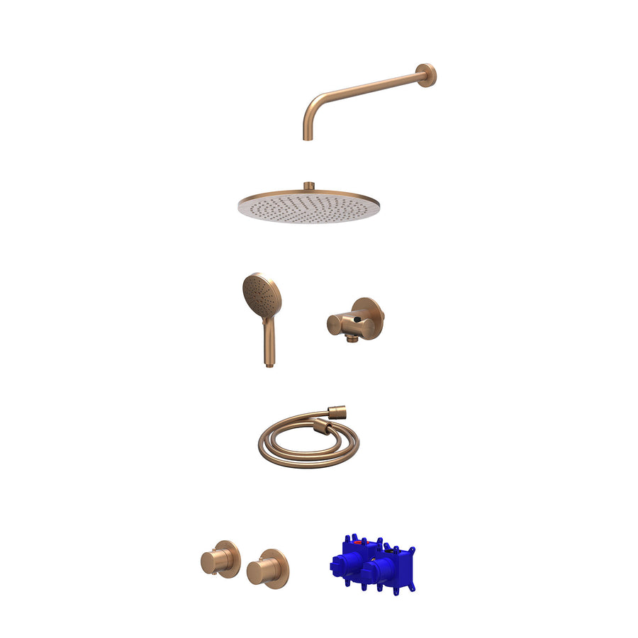 IVY Regendoucheset inbouwthermostaatkraan met 2-weg stop-omstel symmetry, 40cm wandarm, R30cmME, verstelbare steun met geïnt. uitlaat, doucheslang 150cm en 3-standen handdouche – G