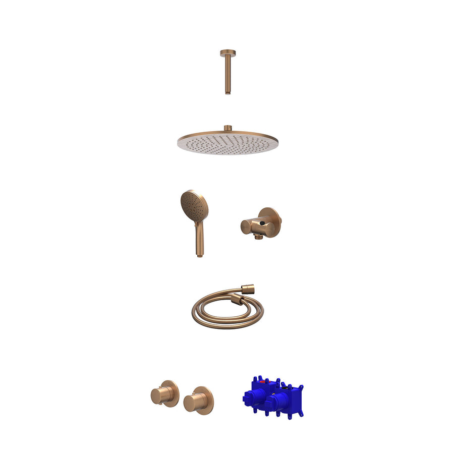 IVY Regendoucheset inbouwthermostaatkraan met 2-weg stop-omstel symmetry, 15cm plafondbuis, R30cmME, verstelbare steun met geïnt. uitlaat, doucheslang 150cm en 3-standen handdouche