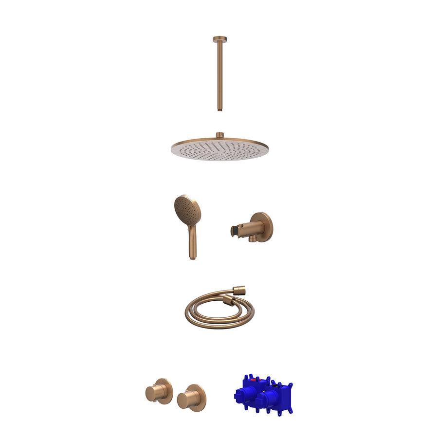 IVY Regendoucheset inbouwthermostaatkraan met 2-weg stop-omstel symmetry, 30cm plafondbuis, R30cmME, houder met uitlaat, doucheslang 150cm en 3-standen handdouche – Gebr. mat koper