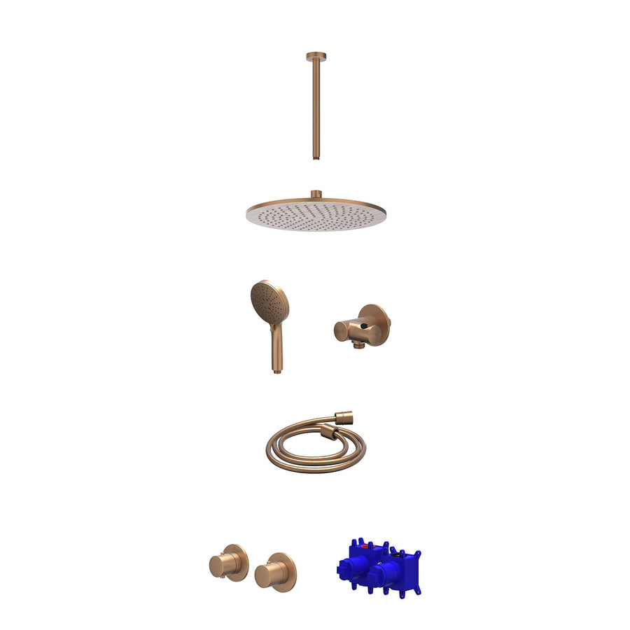 IVY Regendoucheset inbouwthermostaatkraan met 2-weg stop-omstel symmetry, 30cm plafondbuis, R30cmME, verstelbare steun met geïnt. uitlaat, doucheslang 150cm en 3-standen handdouche