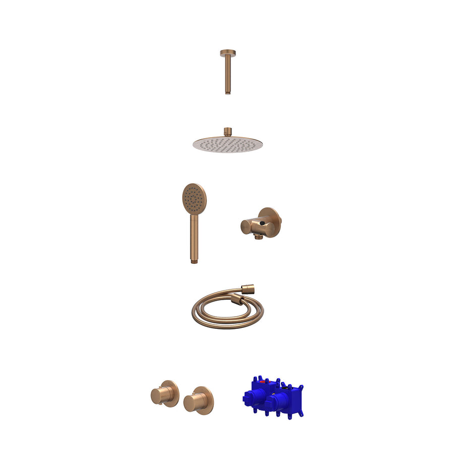 IVY Regendoucheset inbouwthermostaatkraan met 2-weg stop-omstel symmetry, 15cm plafondbuis, R20cmSL, verstelbare steun met geïnt. uitlaat, doucheslang 150cm en satin spray handdouc