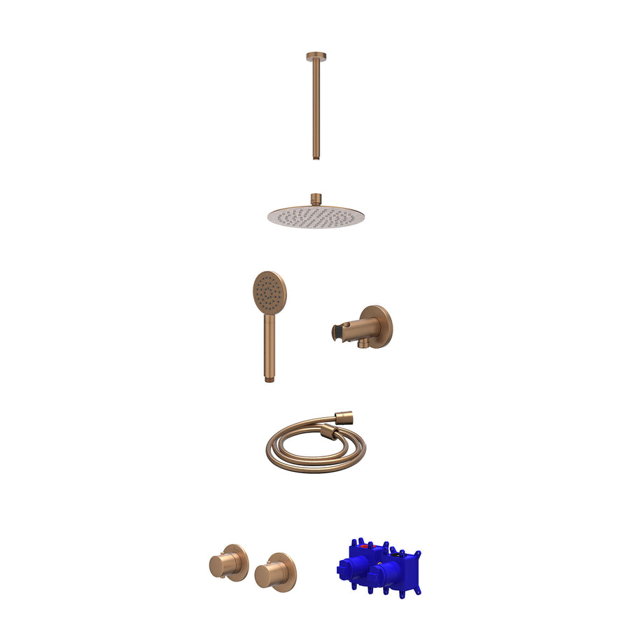 IVY Regendoucheset inbouwthermostaatkraan met 2-weg stop-omstel symmetry, 30cm plafondbuis, R20cmSL, houder met uitlaat, doucheslang 150cm en satin spray handdouche – Gebr. mat kop