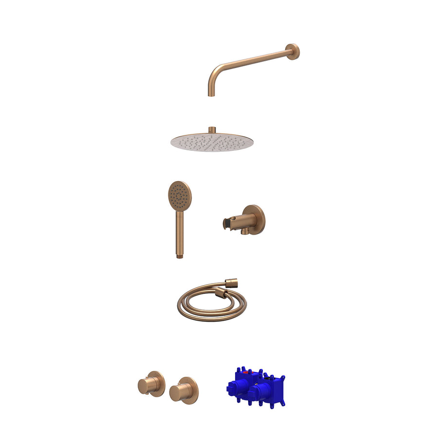 IVY Regendoucheset inbouwthermostaatkraan met 2-weg stop-omstel symmetry, 40cm wandarm, R25cmSL, houder met uitlaat, doucheslang 150cm en satin spray handdouche – Gebr. mat koper P