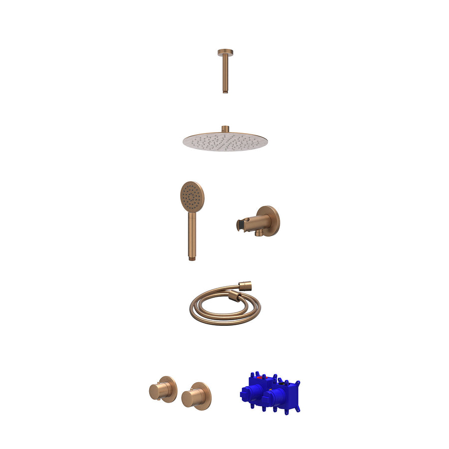 IVY Regendoucheset inbouwthermostaatkraan met 2-weg stop-omstel symmetry, 15cm plafondbuis, R25cmSL, houder met uitlaat, doucheslang 150cm en satin spray handdouche – Gebr. mat kop