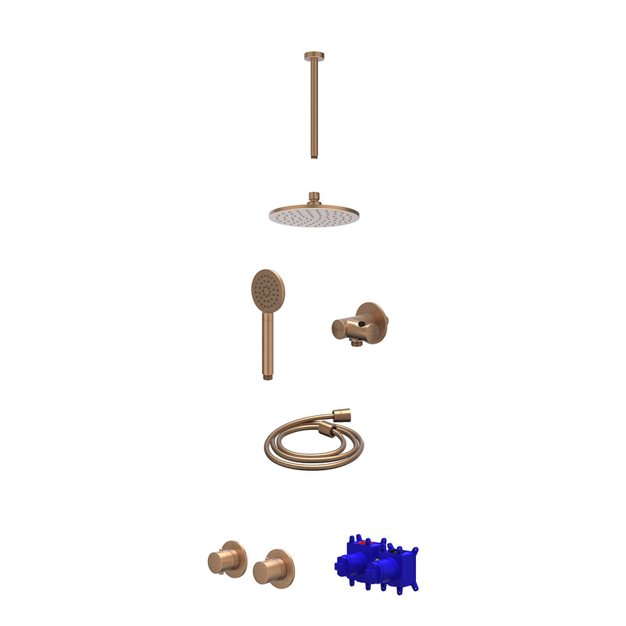IVY Regendoucheset inbouwthermostaatkraan met 2-weg stop-omstel symmetry, 30cm plafondbuis, R20cmME, verstelbare steun met geïnt. uitlaat, doucheslang 150cm en satin spray handdouc