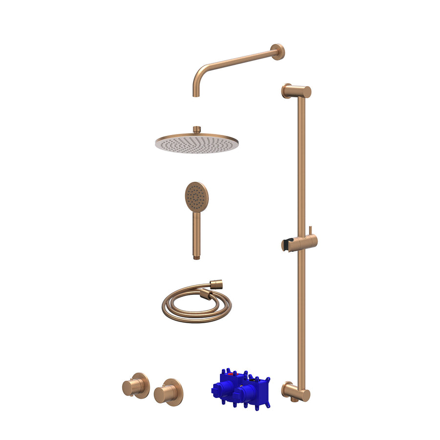 IVY Regendoucheset inbouwthermostaatkraan met 2-weg stop-omstel symmetry, 40cm wandarm, R25cmME, glijstang met uitlaat, doucheslang 150cm en satin spray handdouche – Gebr. mat kope