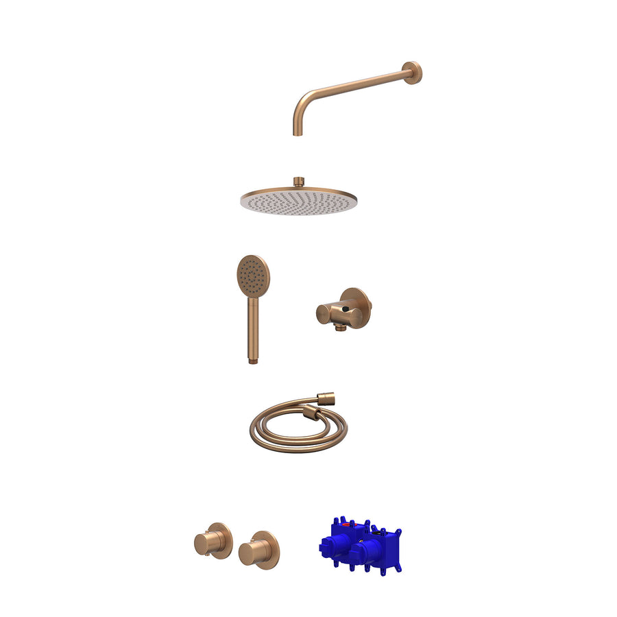 IVY Regendoucheset inbouwthermostaatkraan met 2-weg stop-omstel symmetry, 40cm wandarm, R25cmME, verstelbare steun met geïnt. uitlaat, doucheslang 150cm en satin spray handdouche –