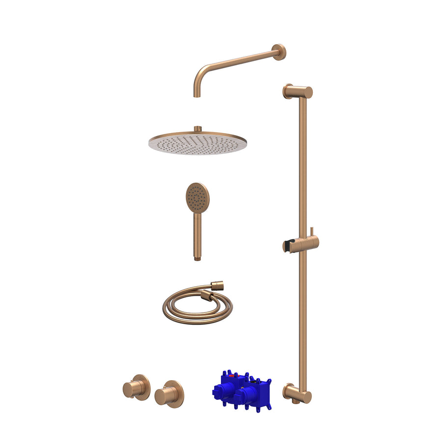 IVY Regendoucheset inbouwthermostaatkraan met 2-weg stop-omstel symmetry, 40cm wandarm, R30cmME, glijstang met uitlaat, doucheslang 150cm en satin spray handdouche – Gebr. mat kope
