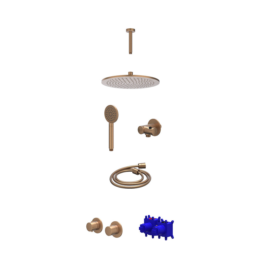 IVY Regendoucheset inbouwthermostaatkraan met 2-weg stop-omstel symmetry, 15cm plafondbuis, R30cmME, verstelbare steun met geïnt. uitlaat, doucheslang 150cm en satin spray handdouc
