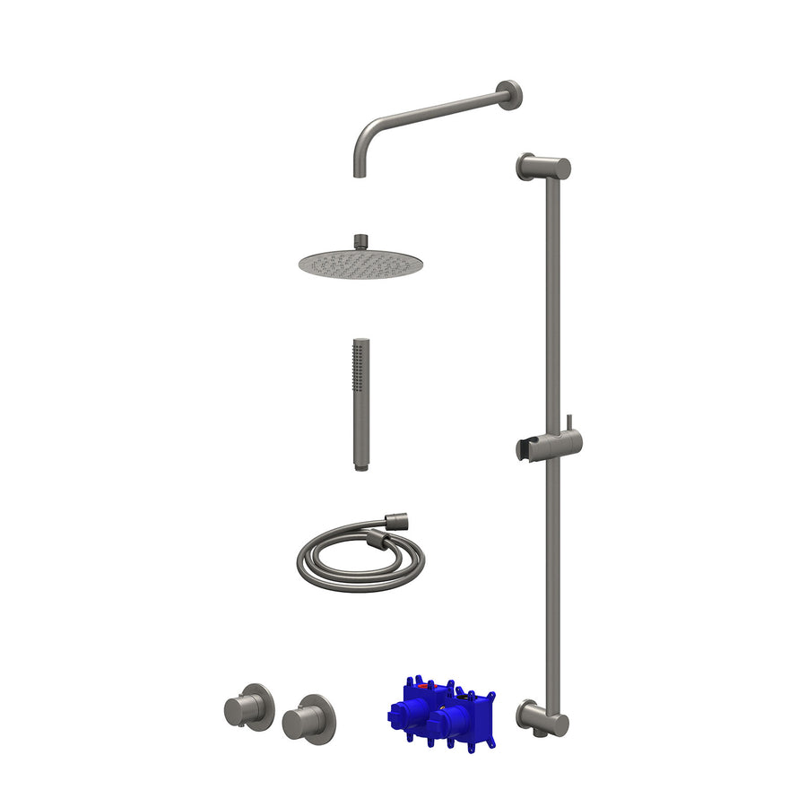 IVY Regendoucheset inbouwthermostaatkraan met 2-weg stop-omstel symmetry, 40cm wandarm, R20cmSL, glijstang met uitlaat, doucheslang 150cm en staafmodel – Gebr. metal black PVD