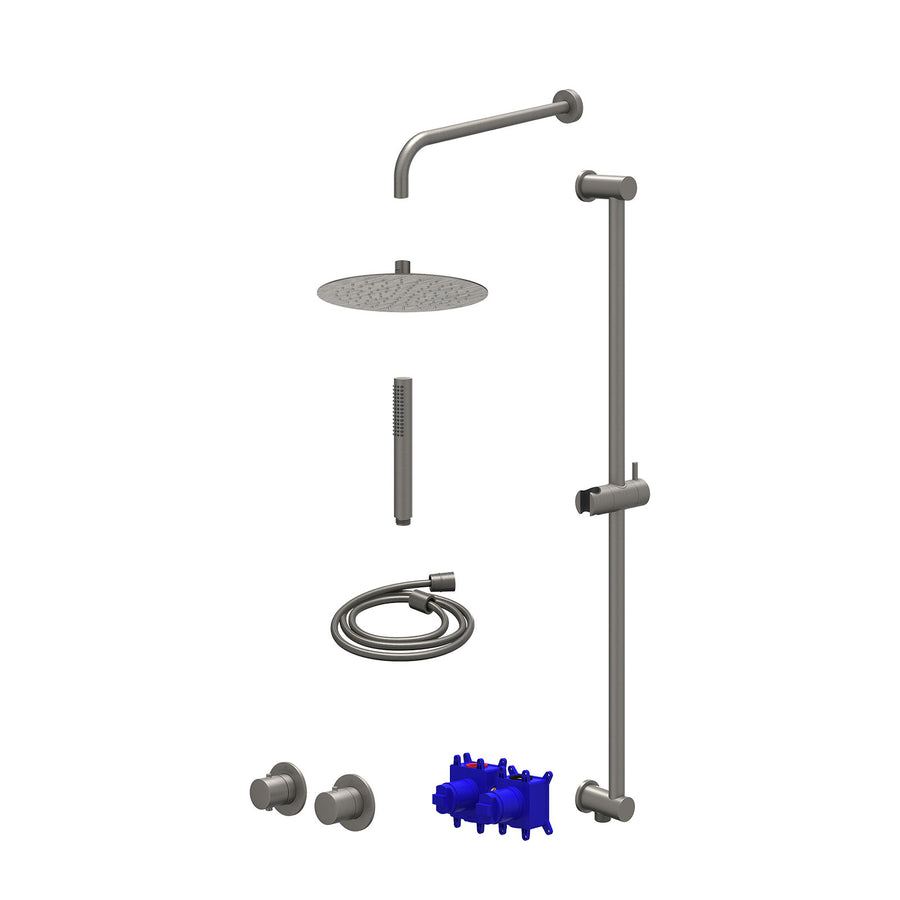IVY Regendoucheset inbouwthermostaatkraan met 2-weg stop-omstel symmetry, 40cm wandarm, R25cmSL, glijstang met uitlaat, doucheslang 150cm en staafmodel – Gebr. metal black PVD