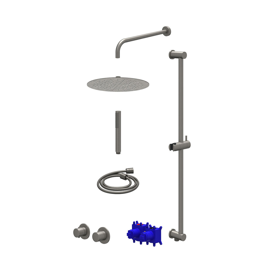 IVY Regendoucheset inbouwthermostaatkraan met 2-weg stop-omstel symmetry, 40cm wandarm, R30cmSL, glijstang met uitlaat, doucheslang 150cm en staafmodel – Gebr. metal black PVD