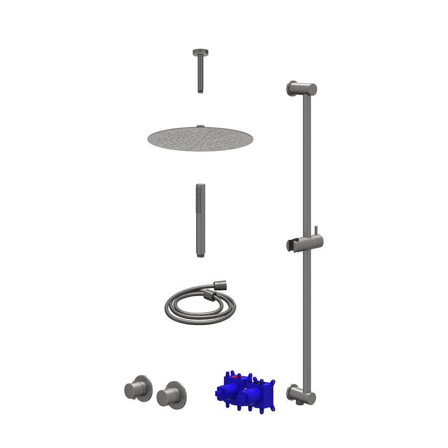 IVY Regendoucheset inbouwthermostaatkraan met 2-weg stop-omstel symmetry, 15cm plafondbuis, R30cmSL, glijstang met uitlaat, doucheslang 150cm en staafmodel – Gebr. metal black PVD