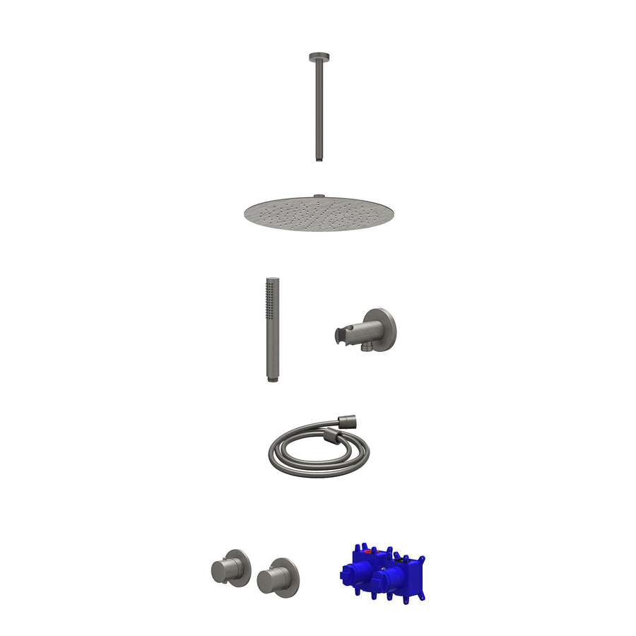 IVY Regendoucheset inbouwthermostaatkraan met 2-weg stop-omstel symmetry, 30cm plafondbuis, R30cmSL, houder met uitlaat, doucheslang 150cm en staafmodel – Gebr. metal black PVD