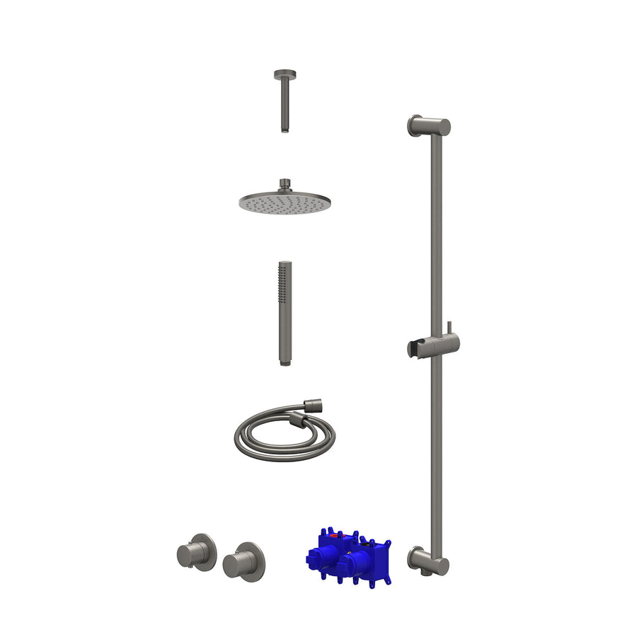 IVY Regendoucheset inbouwthermostaatkraan met 2-weg stop-omstel symmetry, 15cm plafondbuis, R20cmME, glijstang met uitlaat, doucheslang 150cm en staafmodel – Gebr. metal black PVD