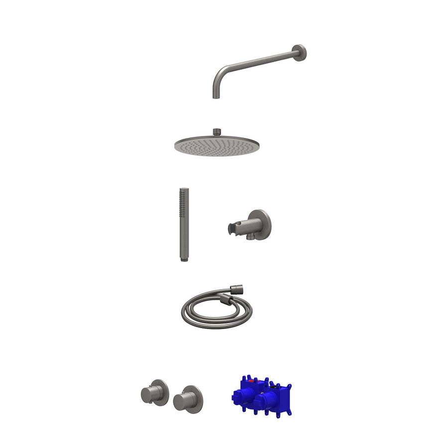 IVY Regendoucheset inbouwthermostaatkraan met 2-weg stop-omstel symmetry, 40cm wandarm, R25cmME, houder met uitlaat, doucheslang 150cm en staafmodel – Gebr. metal black PVD
