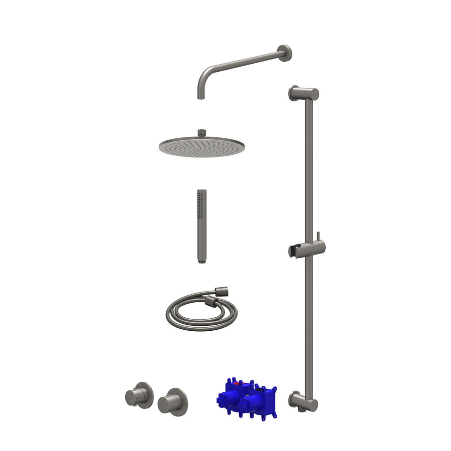 IVY Regendoucheset inbouwthermostaatkraan met 2-weg stop-omstel symmetry, 40cm wandarm, R25cmME, glijstang met uitlaat, doucheslang 150cm en staafmodel – Gebr. metal black PVD