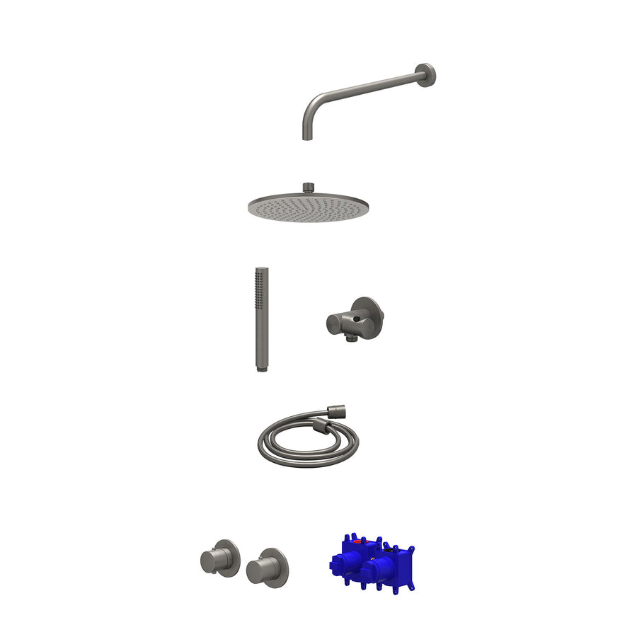 IVY Regendoucheset inbouwthermostaatkraan met 2-weg stop-omstel symmetry, 40cm wandarm, R25cmME, verstelbare steun met geïnt. uitlaat, doucheslang 150cm en staafmodel – Gebr. metal