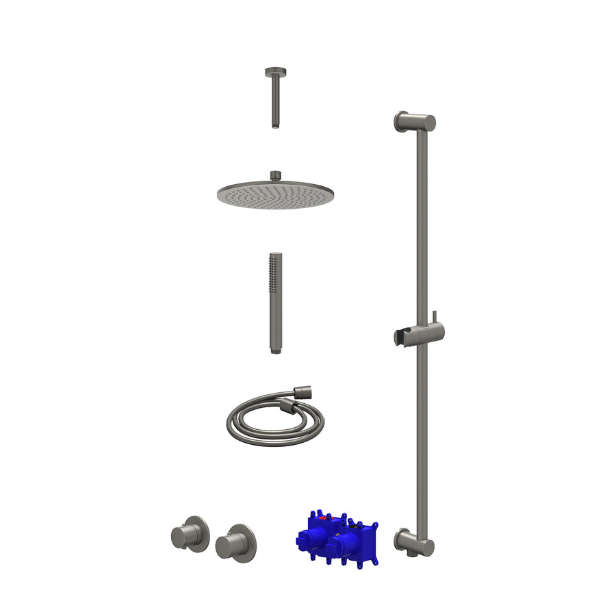 IVY Regendoucheset inbouwthermostaatkraan met 2-weg stop-omstel symmetry, 15cm plafondbuis, R25cmME, glijstang met uitlaat, doucheslang 150cm en staafmodel – Gebr. metal black PVD