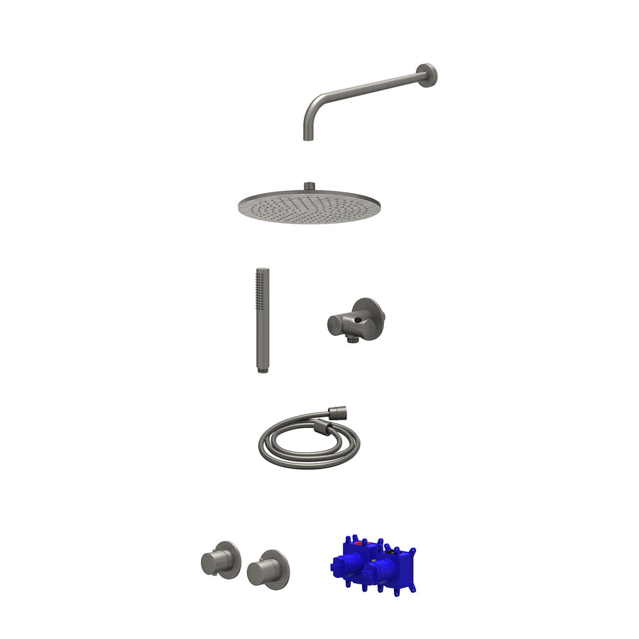 IVY Regendoucheset inbouwthermostaatkraan met 2-weg stop-omstel symmetry, 40cm wandarm, R30cmME, verstelbare steun met geïnt. uitlaat, doucheslang 150cm en staafmodel – Gebr. metal