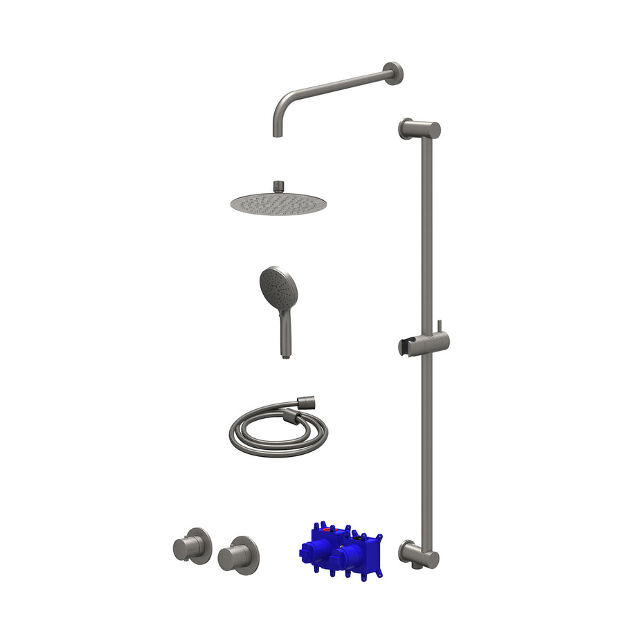 IVY Regendoucheset inbouwthermostaatkraan met 2-weg stop-omstel symmetry, 40cm wandarm, R20cmSL, glijstang met uitlaat, doucheslang 150cm en 3-standen handdouche – Gebr. metal blac