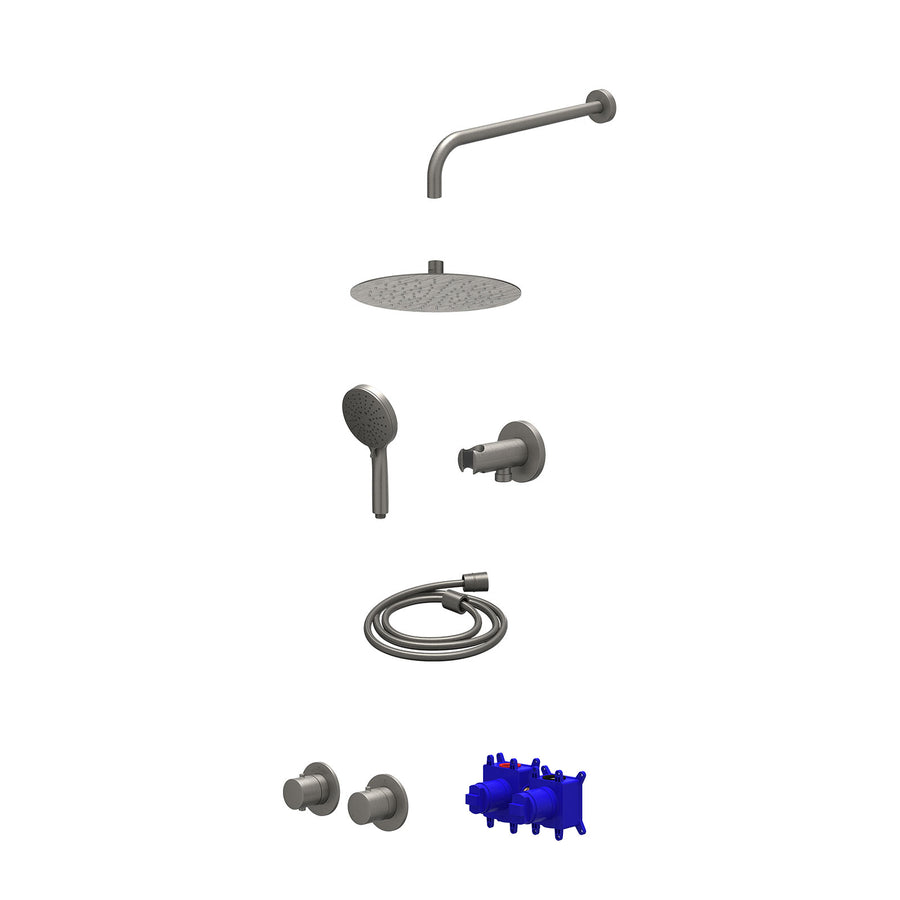 IVY Regendoucheset inbouwthermostaatkraan met 2-weg stop-omstel symmetry, 40cm wandarm, R25cmSL, houder met uitlaat, doucheslang 150cm en 3-standen handdouche – Gebr. metal black P