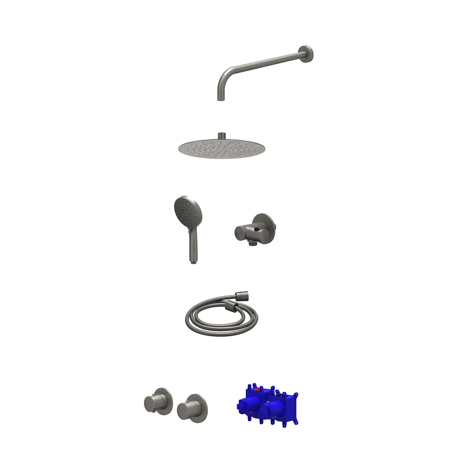 IVY Regendoucheset inbouwthermostaatkraan met 2-weg stop-omstel symmetry, 40cm wandarm, R25cmSL, verstelbare steun met geïnt. uitlaat, doucheslang 150cm en 3-standen handdouche – G