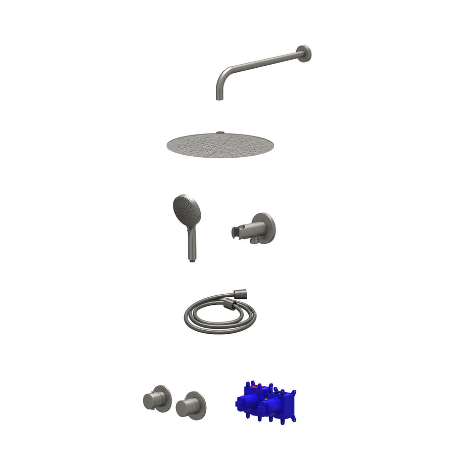 IVY Regendoucheset inbouwthermostaatkraan met 2-weg stop-omstel symmetry, 40cm wandarm, R30cmSL, houder met uitlaat, doucheslang 150cm en 3-standen handdouche – Gebr. metal black P