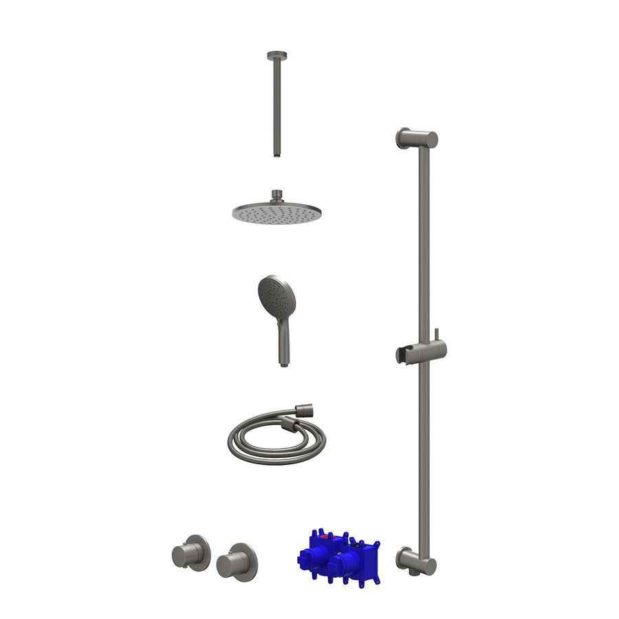IVY Regendoucheset inbouwthermostaatkraan met 2-weg stop-omstel symmetry, 30cm plafondbuis, R20cmME, glijstang met uitlaat, doucheslang 150cm en 3-standen handdouche – Gebr. metal 