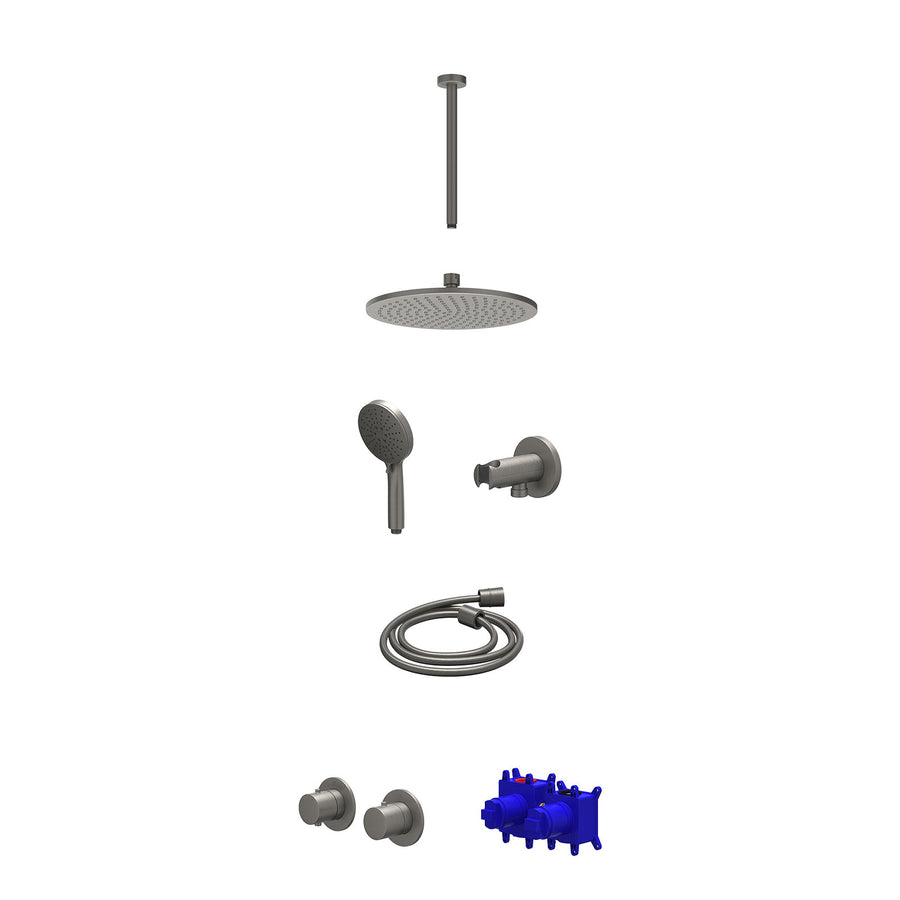 IVY Regendoucheset inbouwthermostaatkraan met 2-weg stop-omstel symmetry, 30cm plafondbuis, R25cmME, houder met uitlaat, doucheslang 150cm en 3-standen handdouche – Gebr. metal bla