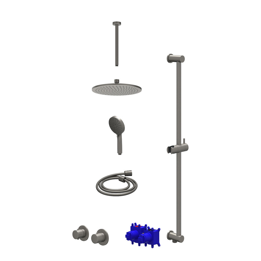IVY Regendoucheset inbouwthermostaatkraan met 2-weg stop-omstel symmetry, 30cm plafondbuis, R25cmME, glijstang met uitlaat, doucheslang 150cm en 3-standen handdouche – Gebr. metal 