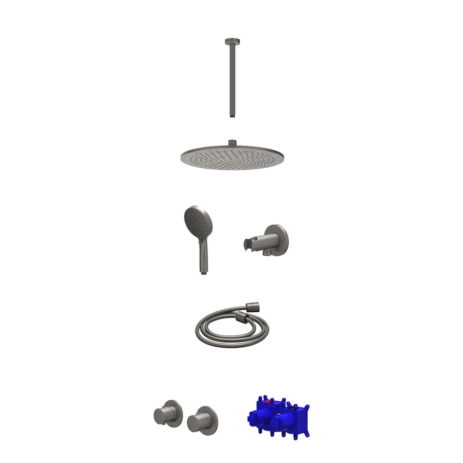 IVY Regendoucheset inbouwthermostaatkraan met 2-weg stop-omstel symmetry, 30cm plafondbuis, R30cmME, houder met uitlaat, doucheslang 150cm en 3-standen handdouche – Gebr. metal bla