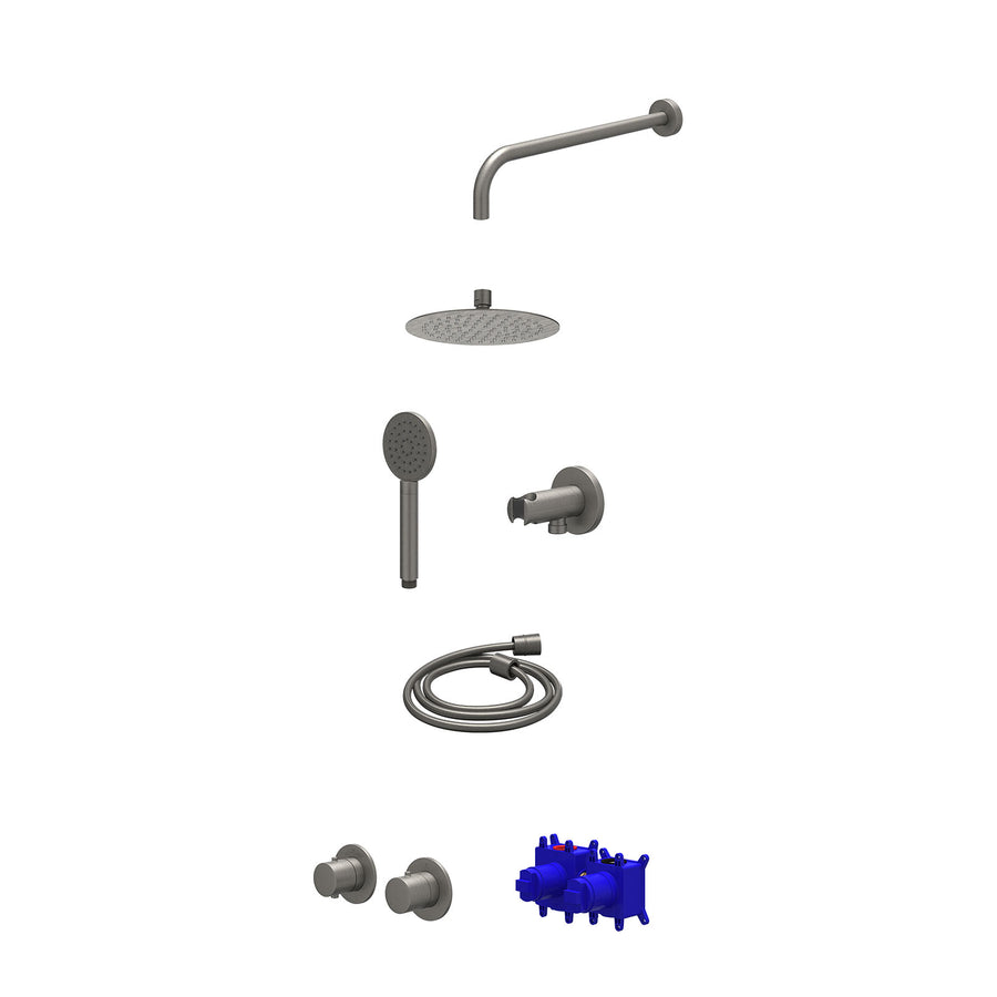 IVY Regendoucheset inbouwthermostaatkraan met 2-weg stop-omstel symmetry, 40cm wandarm, R20cmSL, houder met uitlaat, doucheslang 150cm en satin spray handdouche – Gebr. metal black