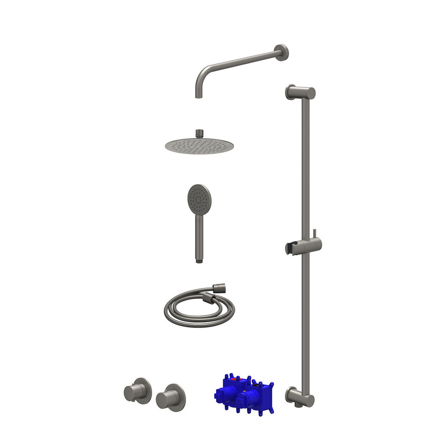 IVY Regendoucheset inbouwthermostaatkraan met 2-weg stop-omstel symmetry, 40cm wandarm, R20cmSL, glijstang met uitlaat, doucheslang 150cm en satin spray handdouche – Gebr. metal bl