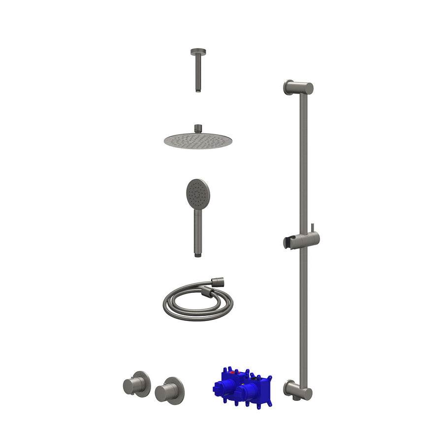 IVY Regendoucheset inbouwthermostaatkraan met 2-weg stop-omstel symmetry, 15cm plafondbuis, R20cmSL, glijstang met uitlaat, doucheslang 150cm en satin spray handdouche – Gebr. meta
