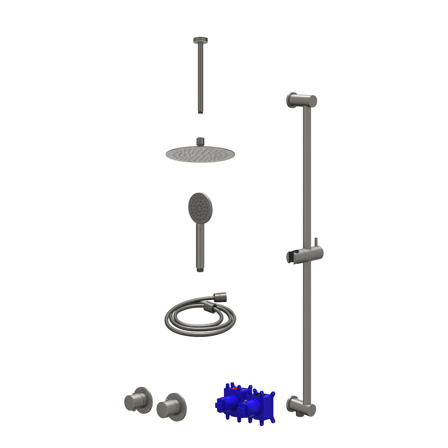 IVY Regendoucheset inbouwthermostaatkraan met 2-weg stop-omstel symmetry, 30cm plafondbuis, R20cmSL, glijstang met uitlaat, doucheslang 150cm en satin spray handdouche – Gebr. meta