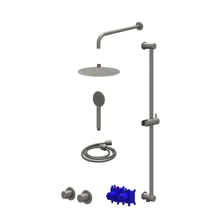 IVY Regendoucheset inbouwthermostaatkraan met 2-weg stop-omstel symmetry, 40cm wandarm, R25cmSL, glijstang met uitlaat, doucheslang 150cm en satin spray handdouche – Gebr. metal bl