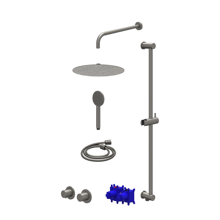 IVY Regendoucheset inbouwthermostaatkraan met 2-weg stop-omstel symmetry, 40cm wandarm, R30cmSL, glijstang met uitlaat, doucheslang 150cm en satin spray handdouche – Gebr. metal bl