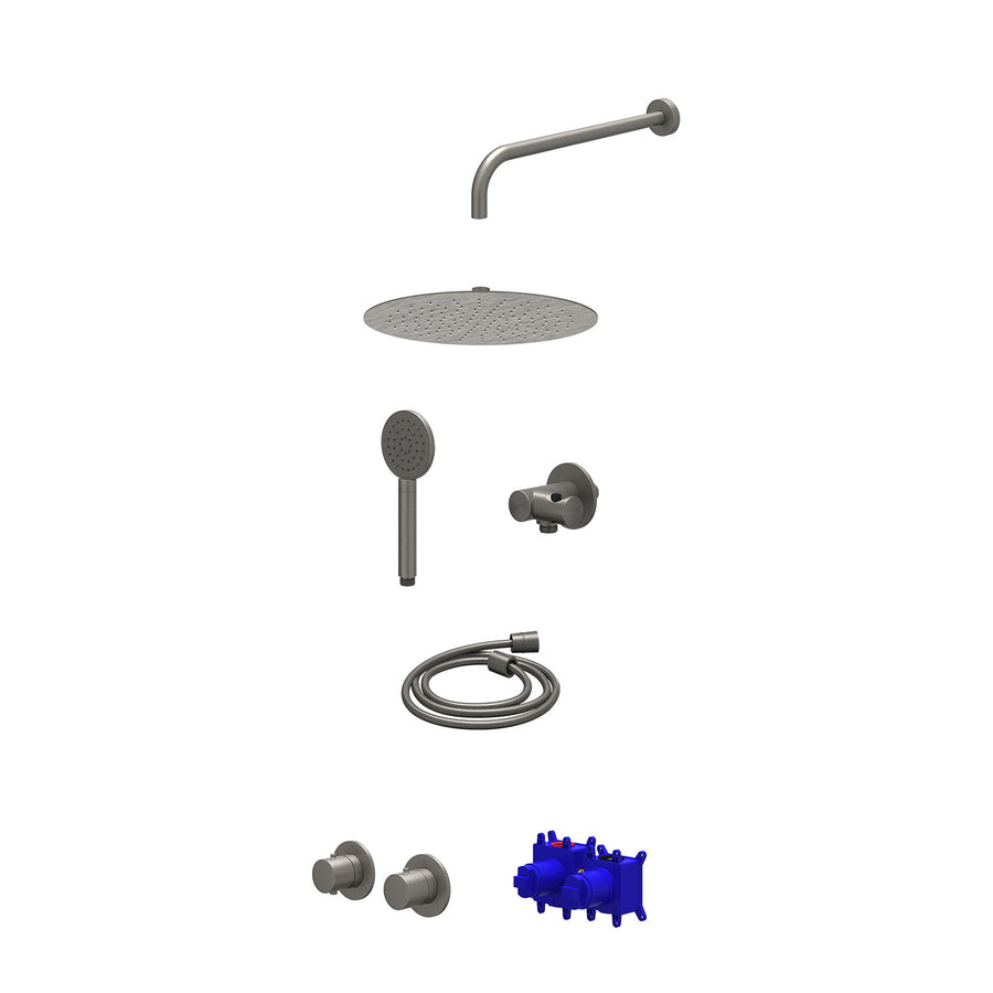 IVY Regendoucheset inbouwthermostaatkraan met 2-weg stop-omstel symmetry, 40cm wandarm, R30cmSL, verstelbare steun met geïnt. uitlaat, doucheslang 150cm en satin spray handdouche –