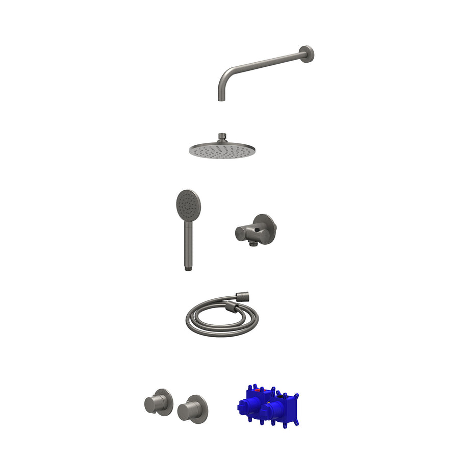 IVY Regendoucheset inbouwthermostaatkraan met 2-weg stop-omstel symmetry, 40cm wandarm, R20cmME, verstelbare steun met geïnt. uitlaat, doucheslang 150cm en satin spray handdouche –