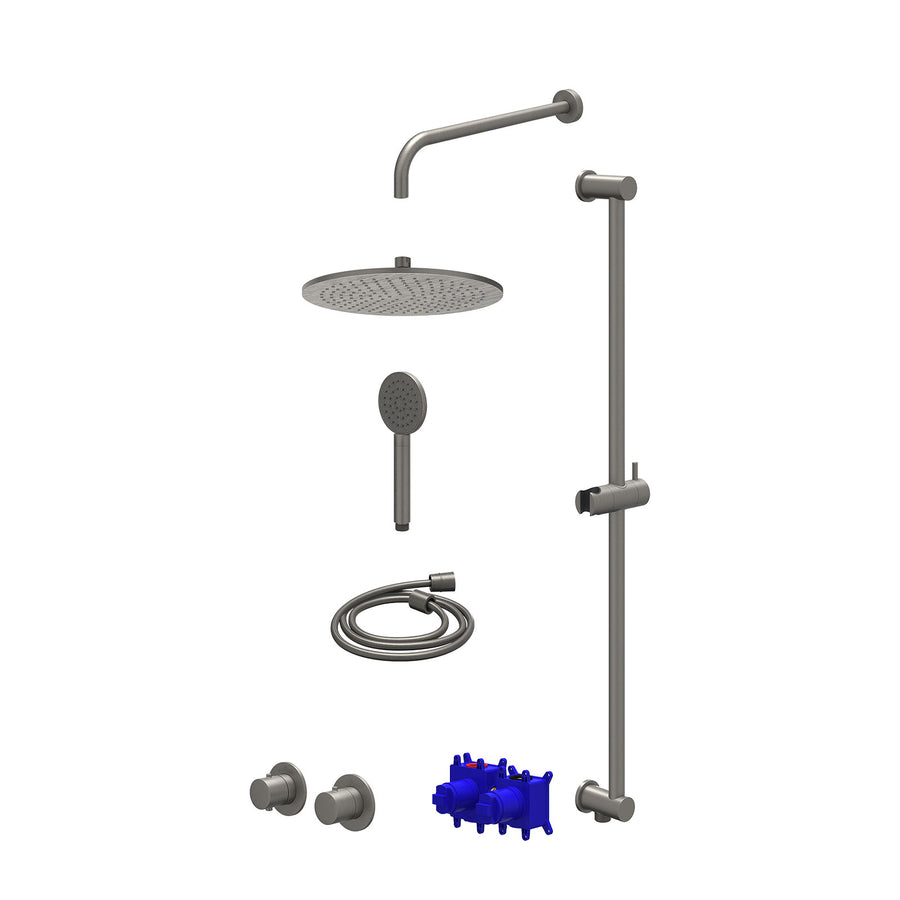 IVY Regendoucheset inbouwthermostaatkraan met 2-weg stop-omstel symmetry, 40cm wandarm, R30cmME, glijstang met uitlaat, doucheslang 150cm en satin spray handdouche – Gebr. metal bl