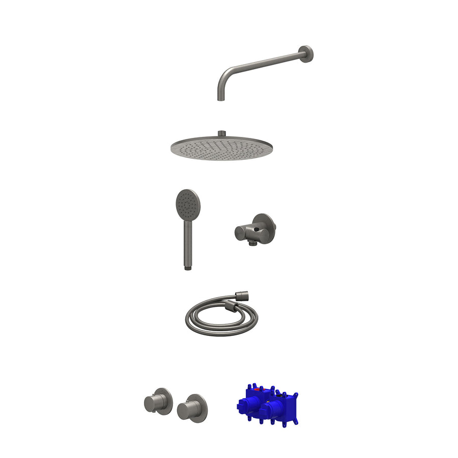 IVY Regendoucheset inbouwthermostaatkraan met 2-weg stop-omstel symmetry, 40cm wandarm, R30cmME, verstelbare steun met geïnt. uitlaat, doucheslang 150cm en satin spray handdouche –