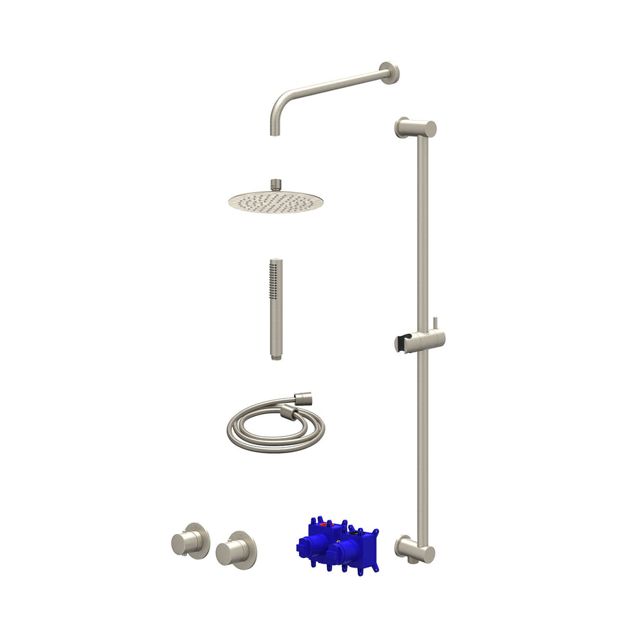 IVY Regendoucheset inbouwthermostaatkraan met 2-weg stop-omstel symmetry, 40cm wandarm, R20cmSL, glijstang met uitlaat, doucheslang 150cm en staafmodel – Gebr. nickel PVD