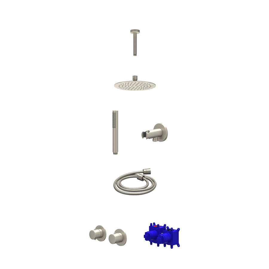 IVY Regendoucheset inbouwthermostaatkraan met 2-weg stop-omstel symmetry, 15cm plafondbuis, R20cmSL, houder met uitlaat, doucheslang 150cm en staafmodel – Gebr. nickel PVD