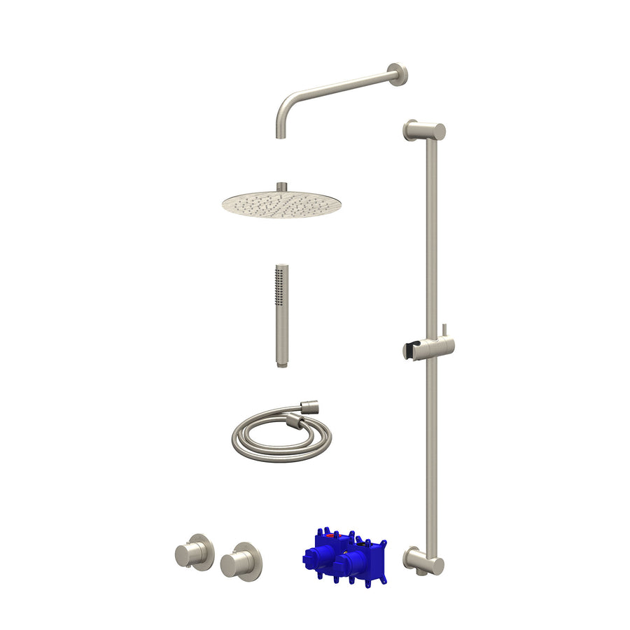 IVY Regendoucheset inbouwthermostaatkraan met 2-weg stop-omstel symmetry, 40cm wandarm, R25cmSL, glijstang met uitlaat, doucheslang 150cm en staafmodel – Gebr. nickel PVD