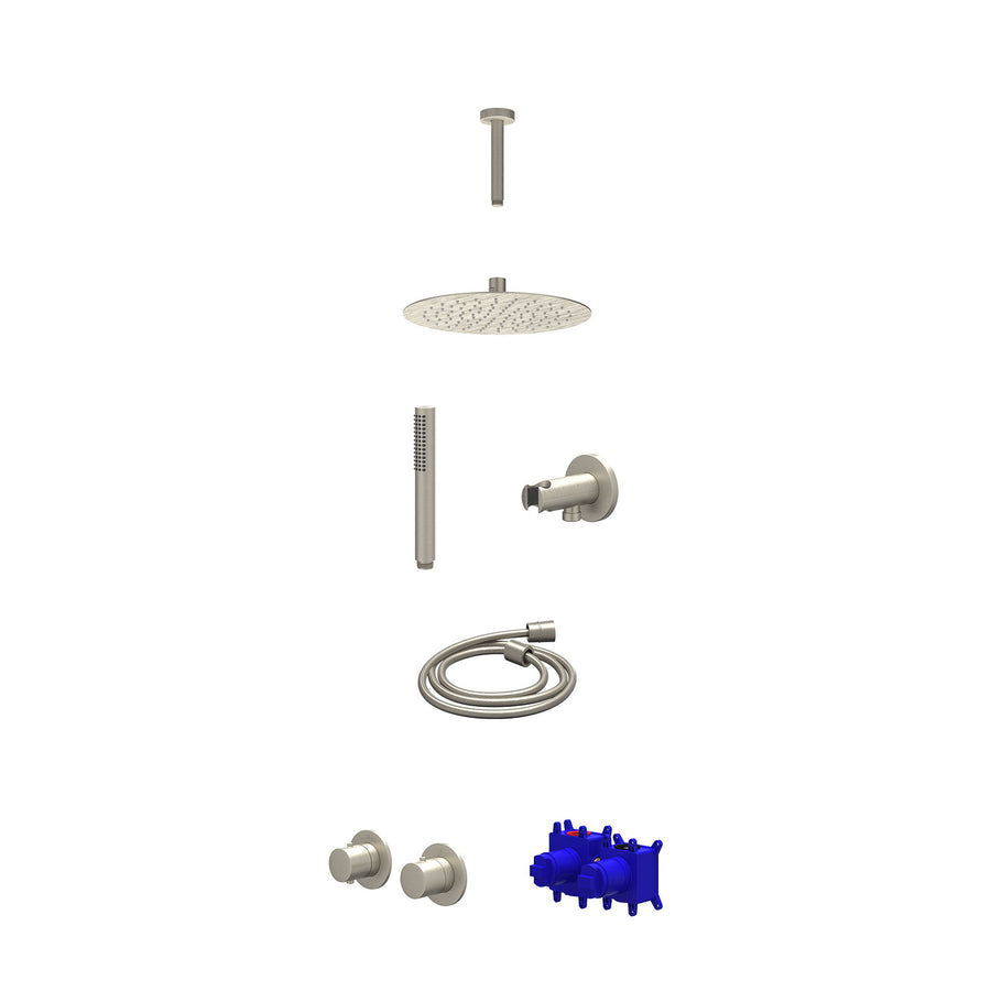 IVY Regendoucheset inbouwthermostaatkraan met 2-weg stop-omstel symmetry, 15cm plafondbuis, R25cmSL, houder met uitlaat, doucheslang 150cm en staafmodel – Gebr. nickel PVD