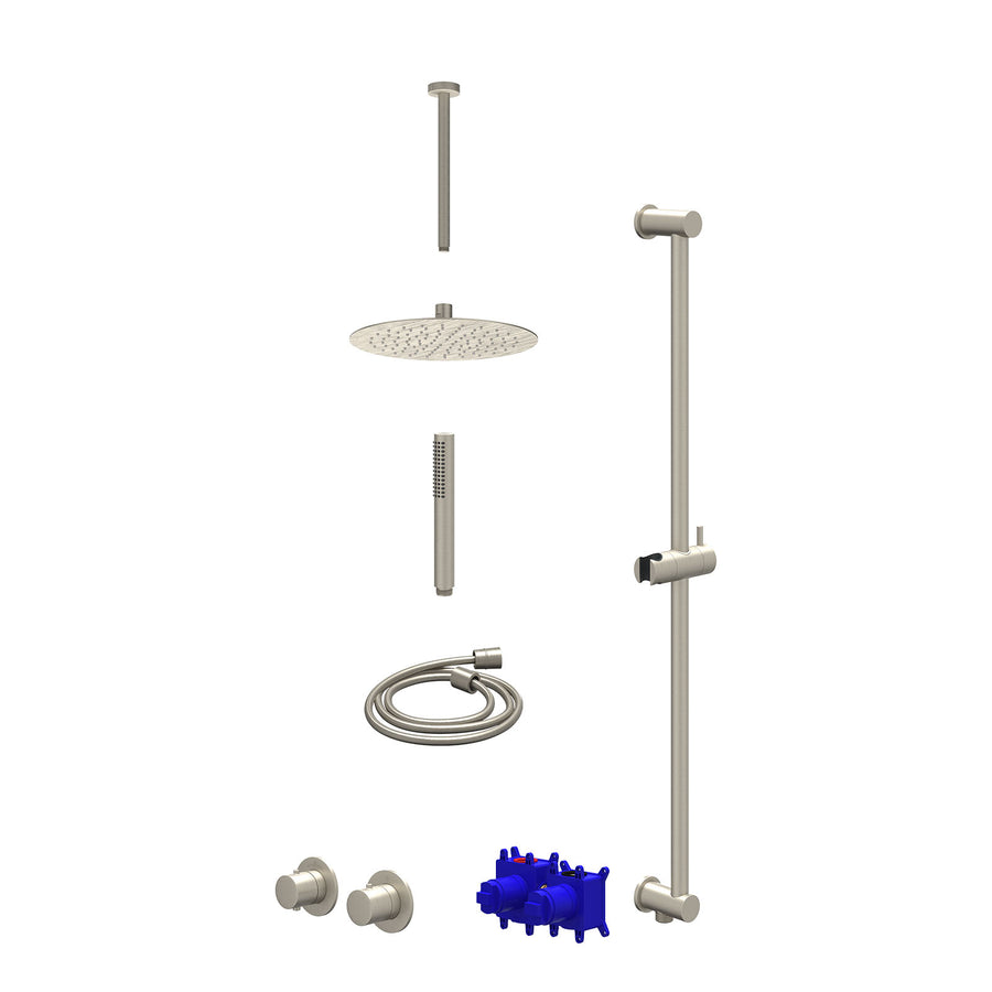 IVY Regendoucheset inbouwthermostaatkraan met 2-weg stop-omstel symmetry, 30cm plafondbuis, R25cmSL, glijstang met uitlaat, doucheslang 150cm en staafmodel – Gebr. nickel PVD