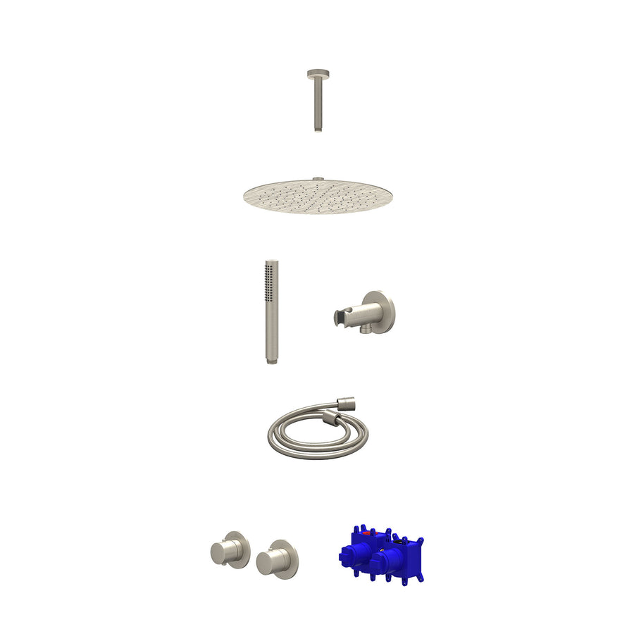 IVY Regendoucheset inbouwthermostaatkraan met 2-weg stop-omstel symmetry, 15cm plafondbuis, R30cmSL, houder met uitlaat, doucheslang 150cm en staafmodel – Gebr. nickel PVD