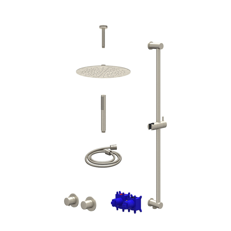 IVY Regendoucheset inbouwthermostaatkraan met 2-weg stop-omstel symmetry, 15cm plafondbuis, R30cmSL, glijstang met uitlaat, doucheslang 150cm en staafmodel – Gebr. nickel PVD