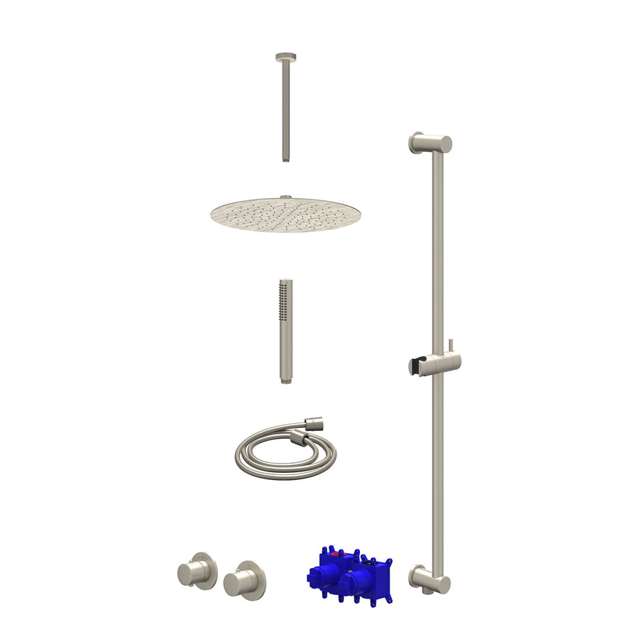IVY Regendoucheset inbouwthermostaatkraan met 2-weg stop-omstel symmetry, 30cm plafondbuis, R30cmSL, glijstang met uitlaat, doucheslang 150cm en staafmodel – Gebr. nickel PVD
